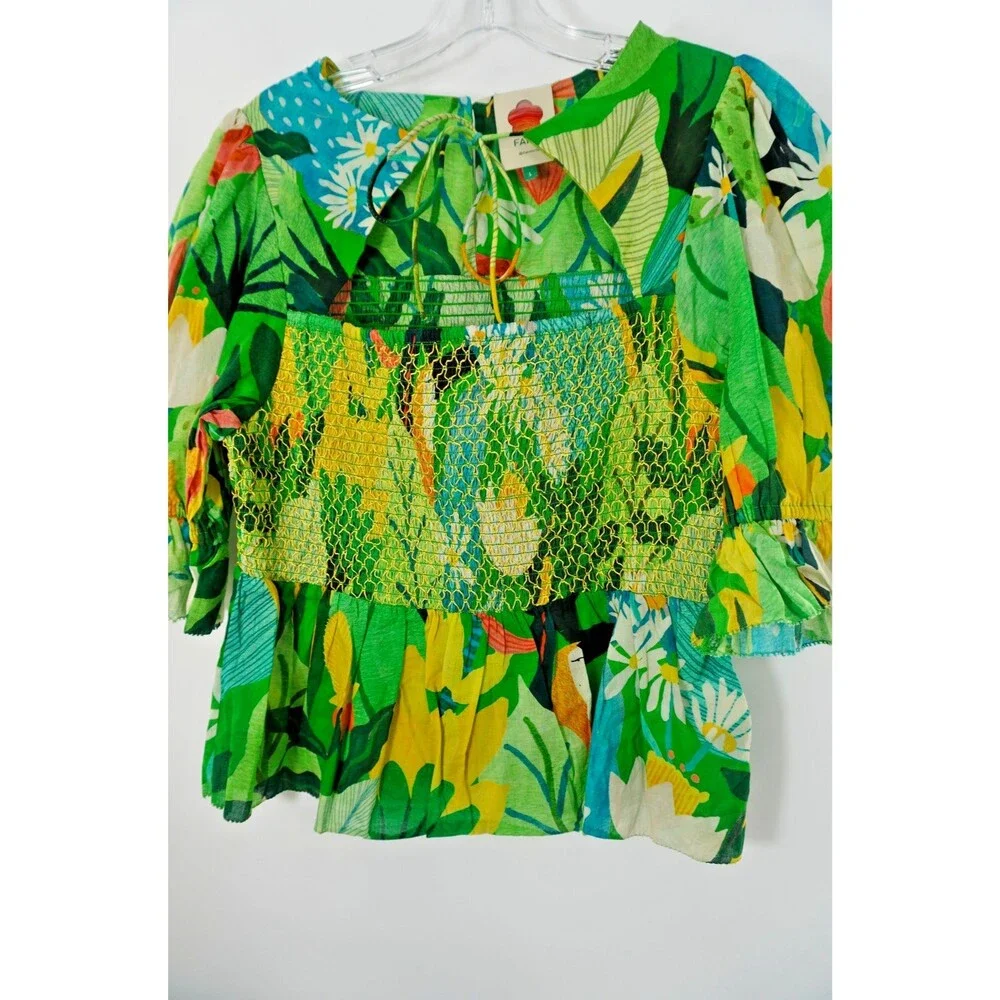 Farm Rio Women Sz S Tropical Toucan Floral Smocked Puff Sleeve Peplum Blouse NWT